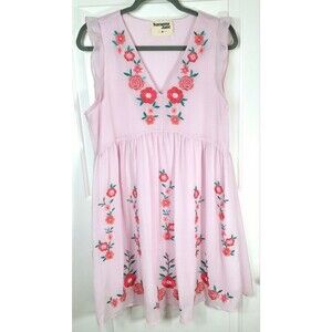Savanna Jane Embroidered Floral Babydoll Dress Pink V Neck Sleeveless SZ Medium